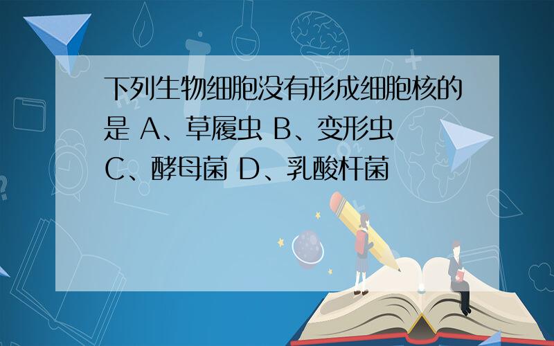 下列生物细胞没有形成细胞核的是 A、草履虫 B、变形虫 C、酵母菌 D、乳酸杆菌