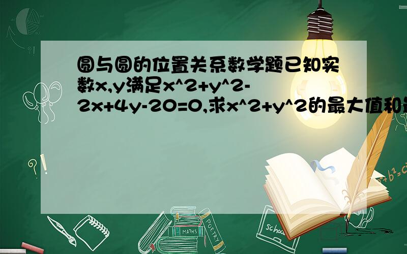 圆与圆的位置关系数学题已知实数x,y满足x^2+y^2-2x+4y-20=0,求x^2+y^2的最大值和最小值