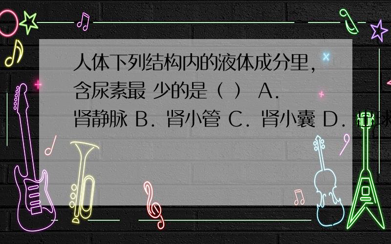 人体下列结构内的液体成分里,含尿素最 少的是（ ） A．肾静脉 B．肾小管 C．肾小囊 D．出球人体下列结构内的液体成分里,含尿素最 少的是（ ） A．肾静脉 B．肾小管 C．肾小囊 D．出球小动