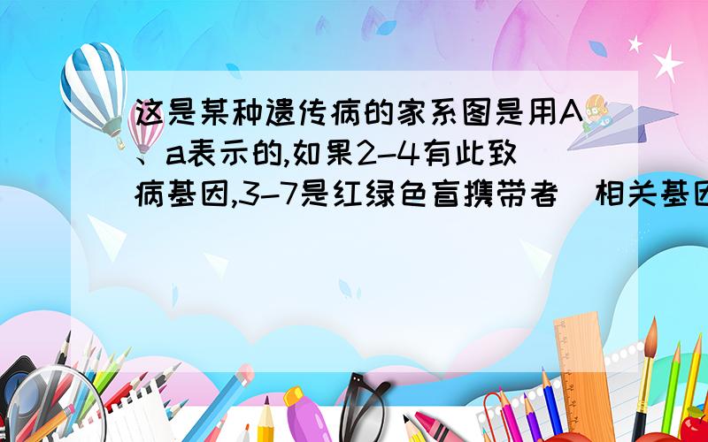 这是某种遗传病的家系图是用A、a表示的,如果2-4有此致病基因,3-7是红绿色盲携带者（相关基因用B、b表示）那么3-7和3-10婚配,生下的孩子患病几率多大?求过程……怎么也算不出3/8……另外乱