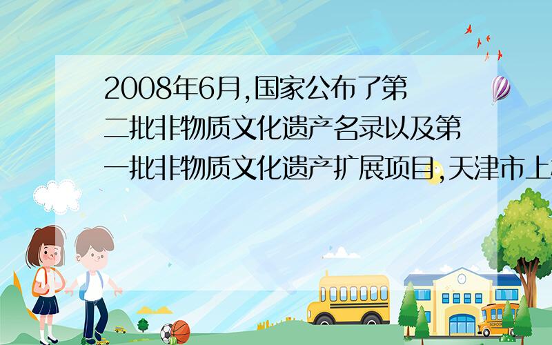 2008年6月,国家公布了第二批非物质文化遗产名录以及第一批非物质文化遗产扩展项目,天津市上榜的有（）多选A.津门法鼓、汉沽飞镲B.相声、评剧C.河北梆子、京韵大鼓D.风筝魏制作技艺E.妈