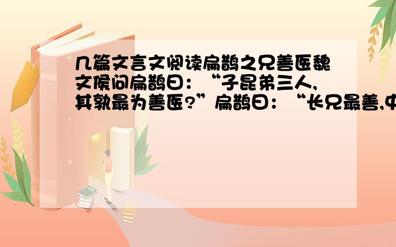 几篇文言文阅读扁鹊之兄善医魏文侯问扁鹊曰：“子昆弟三人,其孰最为善医?”扁鹊曰：“长兄最善,中兄其次,扁鹊最下.”魏文侯问：“可得闻耶?”扁鹊曰：“长兄于病视神,神未有形而除之