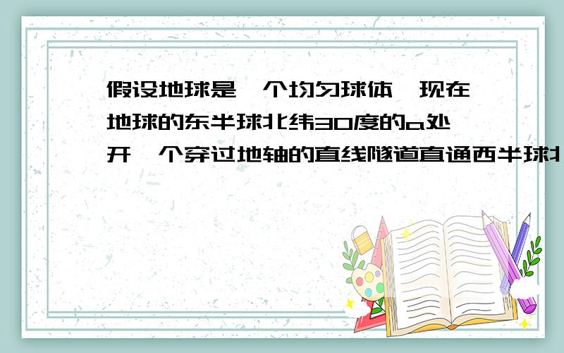 假设地球是一个均匀球体,现在地球的东半球北纬30度的a处开一个穿过地轴的直线隧道直通西半球北纬30度的b处,已知地球的半径是6370km,地面的重力加速度g=9.8m/s^2,第一宇宙速度v1=7.9m/s,假设隧