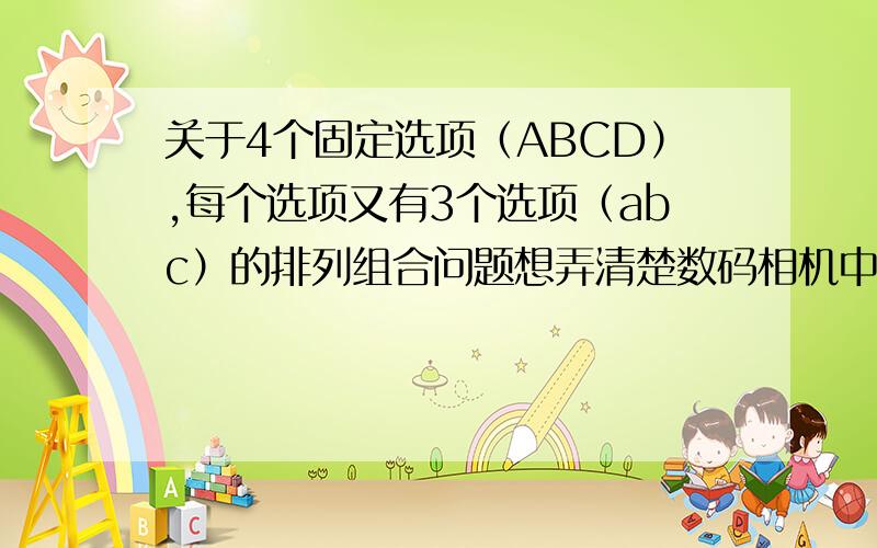 关于4个固定选项（ABCD）,每个选项又有3个选项（abc）的排列组合问题想弄清楚数码相机中的各个选项对于画质有什么影响,所以想在所有的选项组合里都各拍一张PP来进行对比,但是由于选项