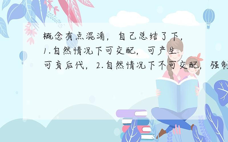 概念有点混淆，自己总结了下，1.自然情况下可交配，可产生可育后代，2.自然情况下不可交配，强制可交配，可产生可育后代，是亚种关系。3.自然情况下不可交配，强制可交配，不可产生