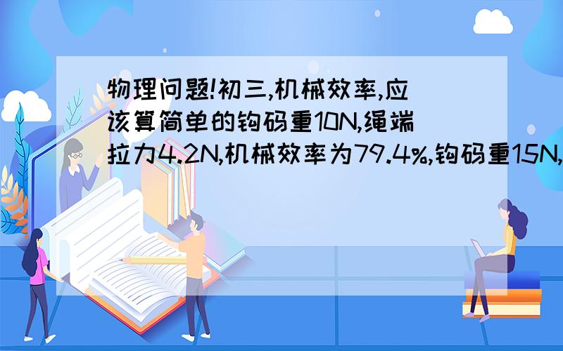 物理问题!初三,机械效率,应该算简单的钩码重10N,绳端拉力4.2N,机械效率为79.4%,钩码重15N,绳端拉力6.0N时,求机械效率 （提升的速度相同,N=3） 一个定滑轮,一个动滑轮.