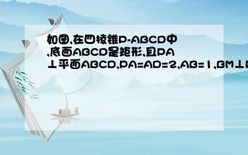 如图,在四棱锥P-ABCD中,底面ABCD是矩形,且PA⊥平面ABCD,PA=AD=2,AB=1,BM⊥PD于点M.（1）求证AM⊥PD（2）求直线CD与平面ACM所成的角的余弦