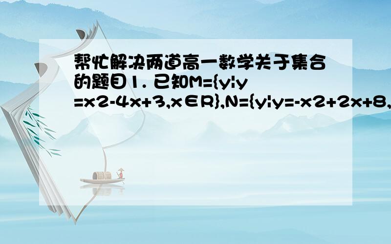 帮忙解决两道高一数学关于集合的题目1. 已知M={y|y=x2-4x+3,x∈R},N={y|y=-x2+2x+8,x∈R} 则M∩N=?2. 若I={x|x≥-1,x∈Z},CiN= （求补集的）