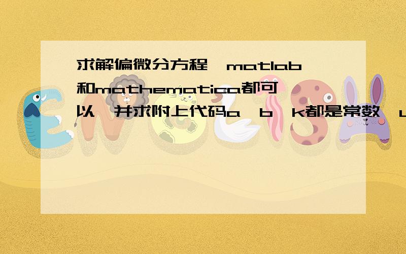 求解偏微分方程,matlab和mathematica都可以,并求附上代码a,b,k都是常数,u是关于x,y的函数,表达式未知.但有若干组数据,一个u对应一组x,y.想问问,有这些条件能用软件来求出x,y的解么如果能用纯数