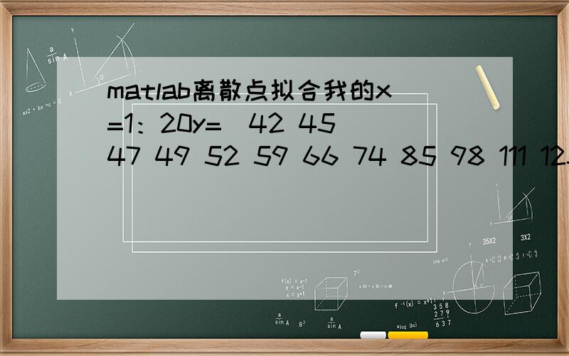 matlab离散点拟合我的x=1：20y=[42 45 47 49 52 59 66 74 85 98 111 125 136 147 157 162 164 167 168 168]一共20个点 我想将这20个拟合成一条直线并且 得到拟合后的函数值 求matlab编程