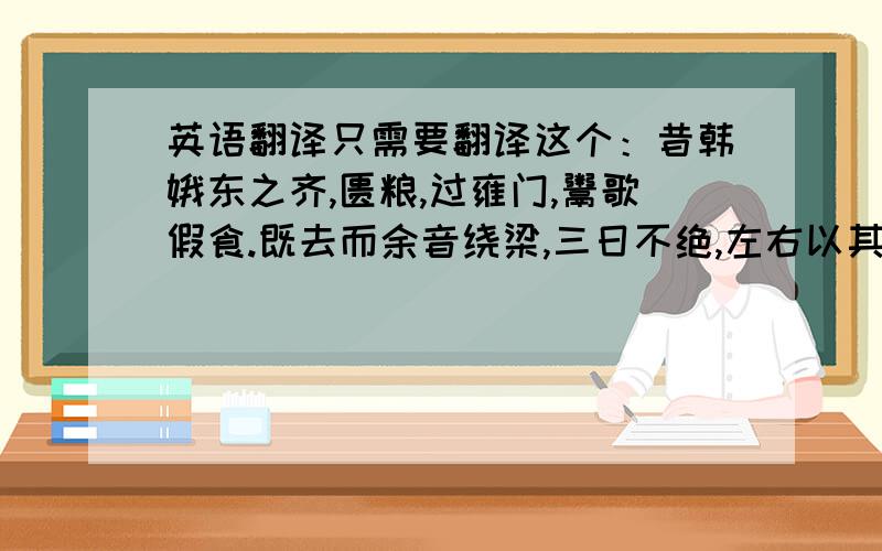 英语翻译只需要翻译这个：昔韩娥东之齐,匮粮,过雍门,鬻歌假食.既去而余音绕梁,三日不绝,左右以其人弗去.