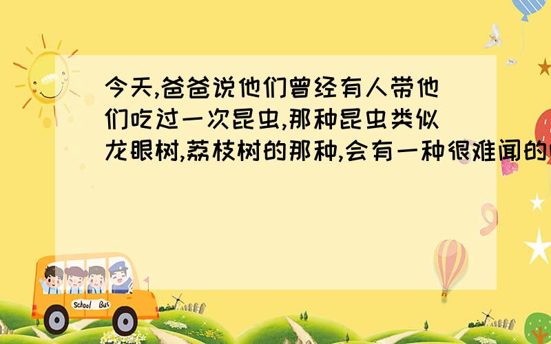 今天,爸爸说他们曾经有人带他们吃过一次昆虫,那种昆虫类似龙眼树,荔枝树的那种,会有一种很难闻的味道那种昆虫类似龙眼树,荔枝树的那种昆虫,你吓跑它时,他会喷一种很难闻的味道!我觉