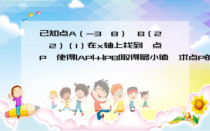 已知点A（-3,8）,B（2,2）（1）在x轴上找到一点P,使得|AP|+|PB|取得最小值,求点P的坐标（2）在y轴上找一点Q,使得|AQ|-|QB|的绝对值取到最大值,求点Q的坐标