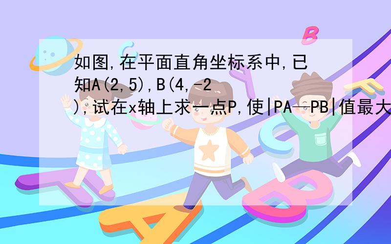 如图,在平面直角坐标系中,已知A(2,5),B(4,-2),试在x轴上求一点P,使|PA—PB|值最大