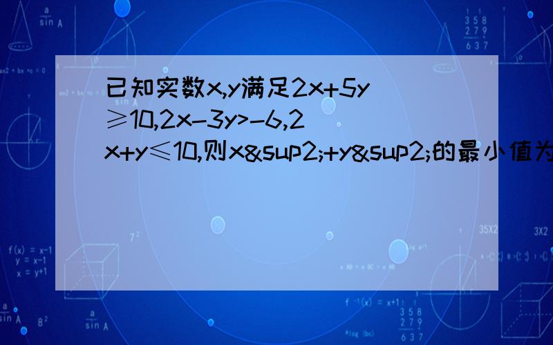 已知实数x,y满足2x+5y≥10,2x-3y>-6,2x+y≤10,则x²+y²的最小值为?