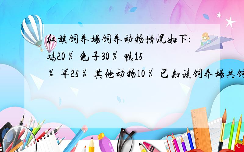 红旗饲养场饲养动物情况如下：鸡20％ 兔子30％ 鸭15％ 羊25％ 其他动物10％ 已知该饲养场共饲养900只动物,其中鸡比兔子少几只?（要算式）