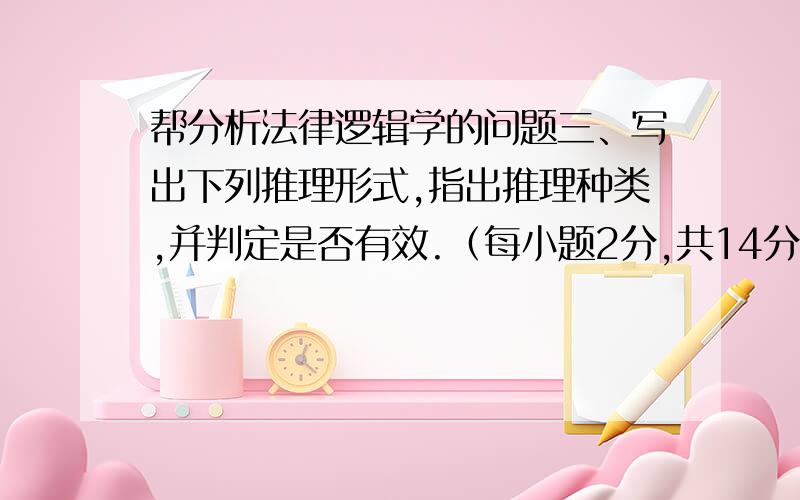 帮分析法律逻辑学的问题三、写出下列推理形式,指出推理种类,并判定是否有效.（每小题2分,共14分）法律系的几位同学在讨论犯罪动机与犯罪行为的关系问题时,分析推理如下：A、一个人犯