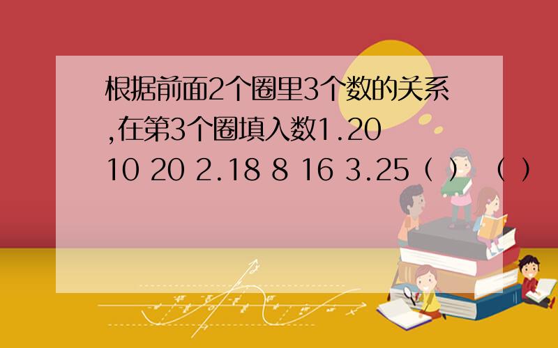 根据前面2个圈里3个数的关系,在第3个圈填入数1.20 10 20 2.18 8 16 3.25（ ） （ ）（2）.12 48 24 18 72 36 25（ ） （ ）有没有 （1）.1.20 20 2.18 16 3.25 （ ）10 8 （ ）（2）.1.12 24 2.18 36 3.25 （ ）48 72 （