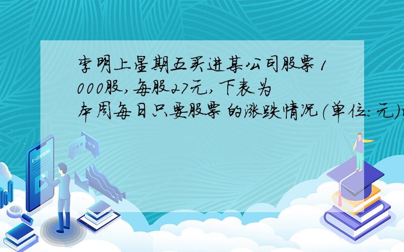 李明上星期五买进某公司股票1000股,每股27元,下表为本周每日只要股票的涨跌情况（单位：元）星期一：+4星期二：+4.5星期三：-1星期四：-2.5星期五：-6已知李明买进股票时付了1.5%的手续费,