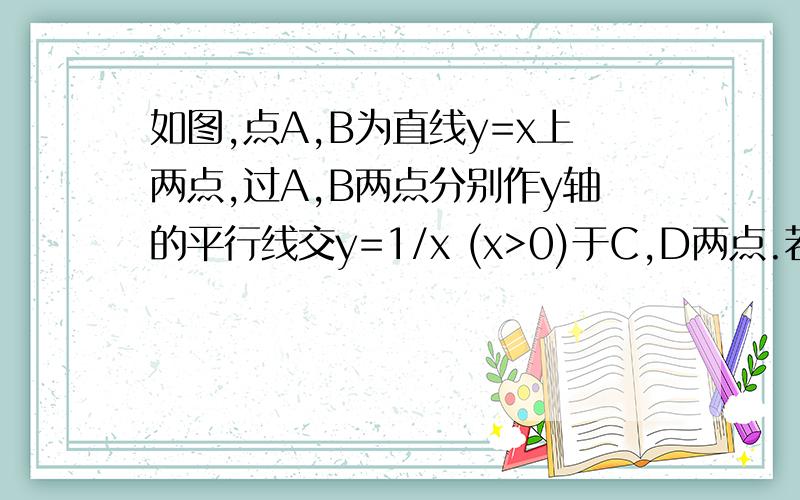 如图,点A,B为直线y=x上两点,过A,B两点分别作y轴的平行线交y=1/x (x>0)于C,D两点.若BD=2AC,则4倍OC的平方-OD的平方=?格式要求清晰、规范～如图