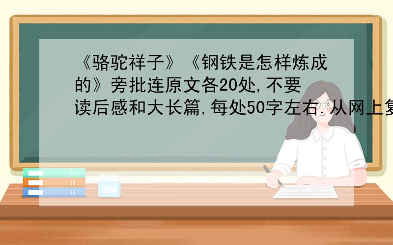 《骆驼祥子》《钢铁是怎样炼成的》旁批连原文各20处,不要读后感和大长篇,每处50字左右.从网上复制+黏贴的就免了,要50字左右的旁批!从初一的角度写啊.....