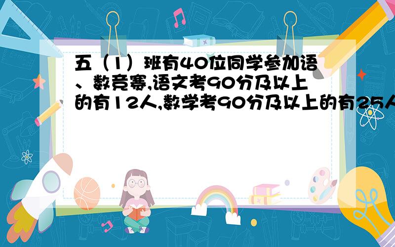 五（1）班有40位同学参加语、数竞赛,语文考90分及以上的有12人,数学考90分及以上的有25人,还有10人的两门成绩都在90分一下,你能算出两门成绩都在90分以上的有几人吗?(要详细、简洁）