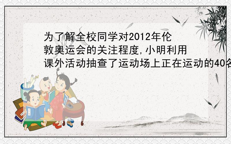 为了解全校同学对2012年伦敦奥运会的关注程度,小明利用课外活动抽查了运动场上正在运动的40名同学.（1）小明的调查是抽样调查吗?（2）如果是抽样调查,他的这种抽样方法是否合适?（3）