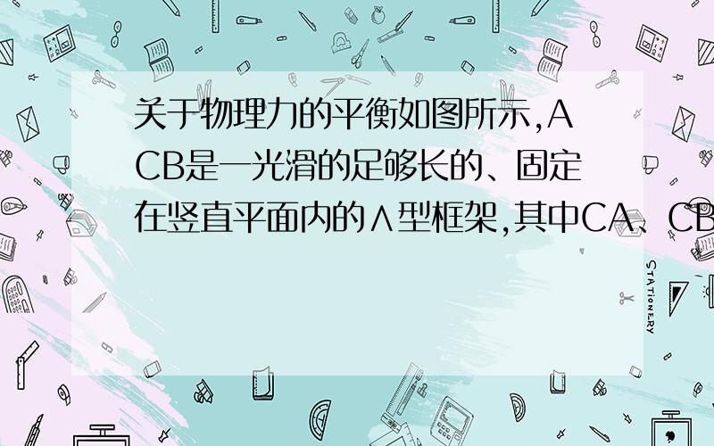 关于物理力的平衡如图所示,ACB是一光滑的足够长的、固定在竖直平面内的∧型框架,其中CA、CB边与竖直方向的夹角均为θ.P、Q两个轻质小环分别套在CA、CB上,两根细绳的一端分别系在PQ环上,另