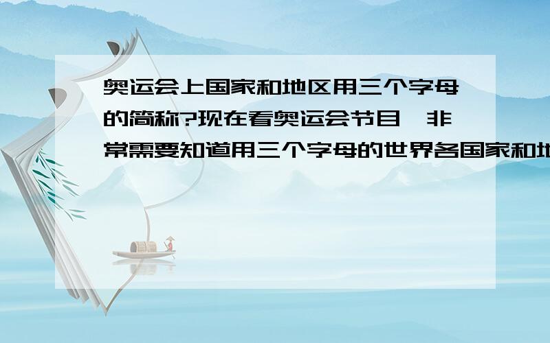 奥运会上国家和地区用三个字母的简称?现在看奥运会节目,非常需要知道用三个字母的世界各国家和地区的简称.如：美国 USA 挪威 NOR 亚美尼亚 ARM 白俄罗斯 BLR