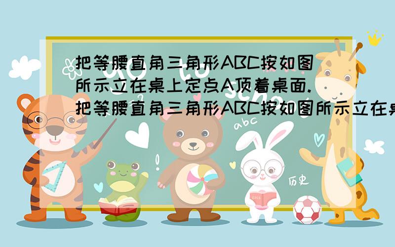 把等腰直角三角形ABC按如图所示立在桌上定点A顶着桌面.把等腰直角三角形ABC按如图所示立在桌上,顶点A顶着桌面两个顶点距离桌面5cm和3cm,则过另外两个顶点向桌面做垂线,则垂足之间的距离D