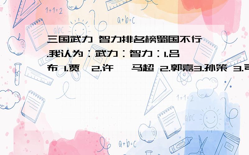 三国武力 智力排名榜蜀国不行.我认为：武力：智力：1.吕布 1.贾诩2.许褚 马超 2.郭嘉3.孙策 3.司马懿4.典韦 4.周瑜5.甘宁 5.荀彧 鲁肃 陆逊6.夏侯渊 6.许攸7.太史慈 7.田丰8.颜良 8.程昱9.张颌 9.