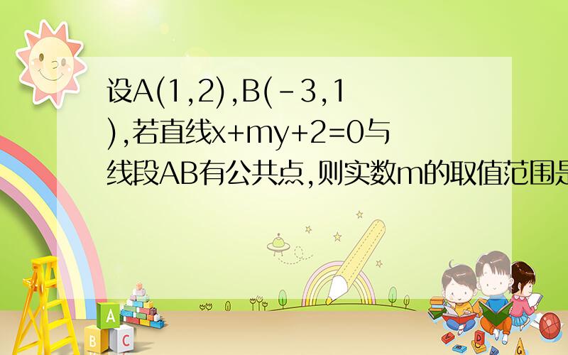 设A(1,2),B(-3,1),若直线x+my+2=0与线段AB有公共点,则实数m的取值范围是我记得有一些类似的题目有取两端的不是取中间,请问这种题因该怎么做?,