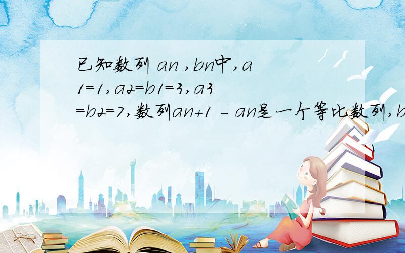 已知数列 an ,bn中,a1=1,a2=b1=3,a3=b2=7,数列an+1 - an是一个等比数列,bn=(xn+y)an -n1求数列an的通项公式2求x,y的值3求数列an前n项和sn