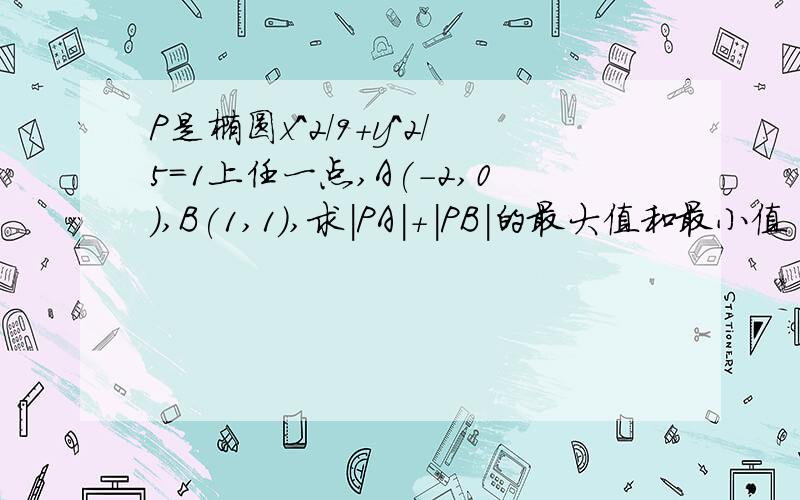 P是椭圆x^2/9+y^2/5=1上任一点,A(-2,0),B(1,1),求|PA|+|PB|的最大值和最小值