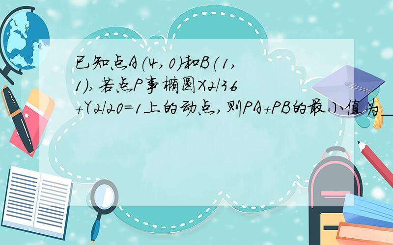 已知点A(4,0)和B(1,1),若点P事椭圆X2/36+Y2/20=1上的动点,则PA+PB的最小值为______