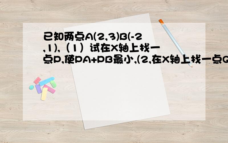 已知两点A(2,3)B(-2,1),（1）试在X轴上找一点P,使PA+PB最小,(2,在X轴上找一点Q,使QA-QB的绝对值最小