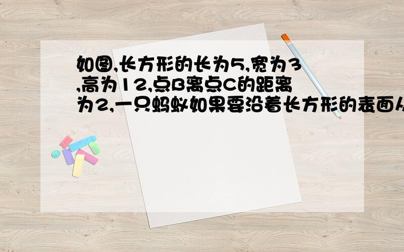 如图,长方形的长为5,宽为3,高为12,点B离点C的距离为2,一只蚂蚁如果要沿着长方形的表面从点A爬到点B需要爬行的最短距离是（     ）A 根号119  B 13  C 根号5+12  D 15