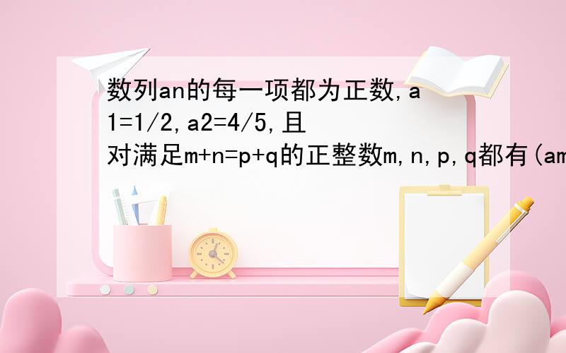 数列an的每一项都为正数,a1=1/2,a2=4/5,且对满足m+n=p+q的正整数m,n,p,q都有(am+an)/[(1+am)(1+an)]=(ap+aq)/[(1+ap)(1+aq)],记bn=(1-an)/(1+an),证明bn是等比,并由此求数列an的通项