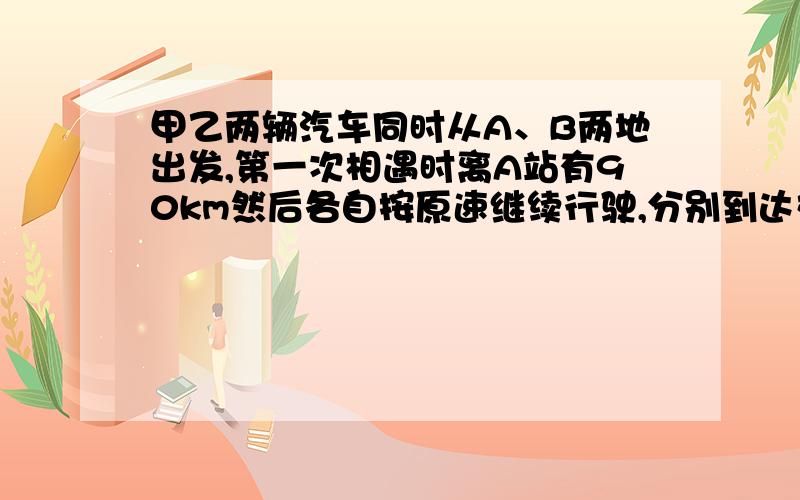 甲乙两辆汽车同时从A、B两地出发,第一次相遇时离A站有90km然后各自按原速继续行驶,分别到达对方出发站后立即沿原路返回,第二次相遇离A站的距离占A、B两站间全长的65%,A\B两站间的距离多