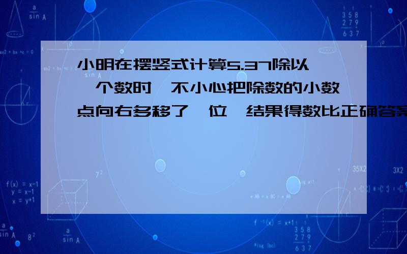 小明在摆竖式计算5.37除以一个数时,不小心把除数的小数点向右多移了一位,结果得数比正确答案小了3.222.求除数,请用算数解,如果可以用方程的话,请写出过程.