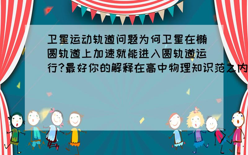 卫星运动轨道问题为何卫星在椭圆轨道上加速就能进入圆轨道运行?最好你的解释在高中物理知识范之内.谢谢