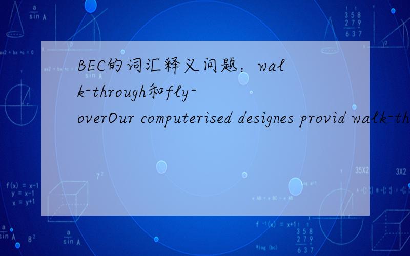 BEC的词汇释义问题：walk-through和fly-overOur computerised designes provid walk-through and fly-over images to give you a 3D view of your design.中的walk-through和fly-over 是什么意思.另外如果能推荐一下查BEC词汇的好去处