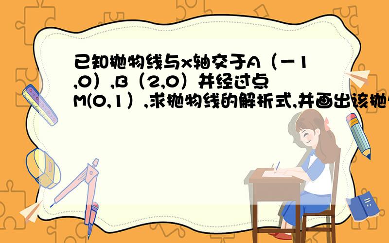 已知抛物线与x轴交于A（－1,0）,B（2,0）并经过点M(0,1）,求抛物线的解析式,并画出该抛物线的图像画图像+悬赏