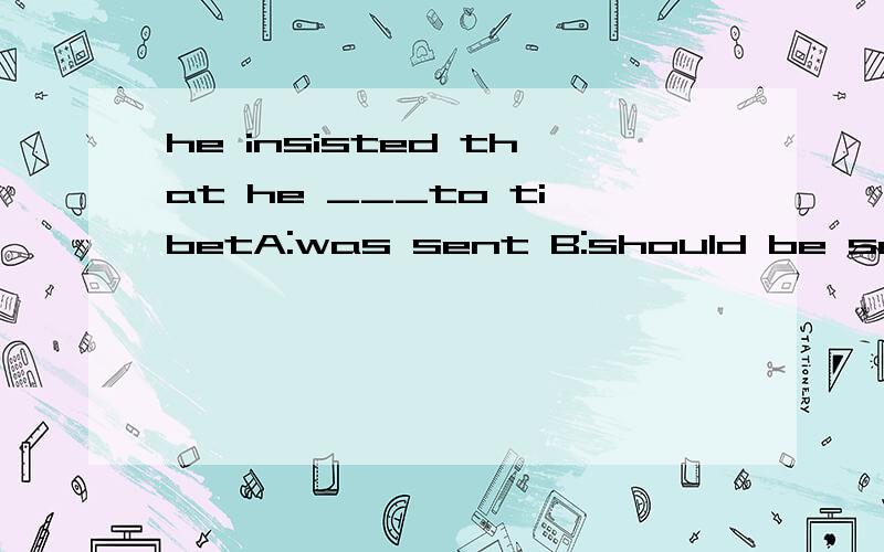 he insisted that he ___to tibetA:was sent B:should be sent C:sentD:should send我想问为什么选B不选C虚拟语气不是should可省略吗?为什么会选B呢?能回答的太感谢了!