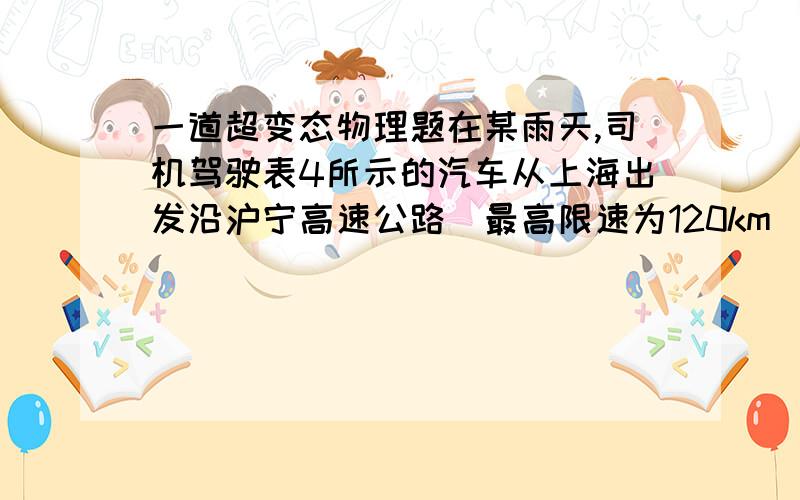 一道超变态物理题在某雨天,司机驾驶表4所示的汽车从上海出发沿沪宁高速公路(最高限速为120km／h)驶往昆山.当时的气象情况是：雨量：每小时3mm,风速：6m/s,风向：西偏北15°.试利用图15所示