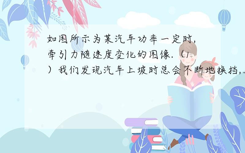 如图所示为某汽车功率一定时,牵引力随速度变化的图像.（1）我们发现汽车上坡时总会不断地换挡,上坡是换挡的目的是使汽车减速,试根据图像说明,为什么上坡时要不断减速