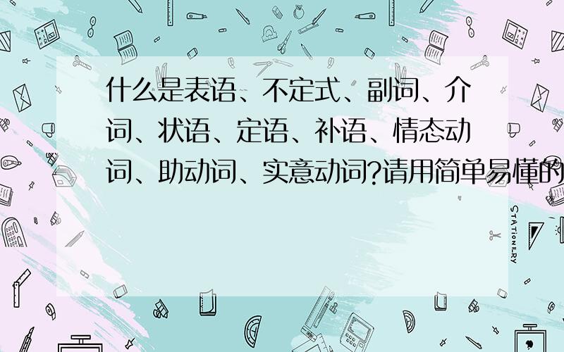 什么是表语、不定式、副词、介词、状语、定语、补语、情态动词、助动词、实意动词?请用简单易懂的词语来解释,最好能举例说明一下,举例说明时,要指出哪一个是表语、不定式、副词……