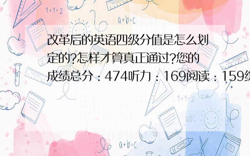 改革后的英语四级分值是怎么划定的?怎样才算真正通过?您的成绩总分：474听力：169阅读：159综合：47写作：99这样算过了吗?还有,怎么听说改革后的英语四级试题中,听力、阅读、综合、写作