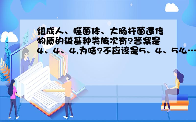 组成人、噬菌体、大肠杆菌遗传物质的碱基种类依次有?答案是4、4、4,为啥?不应该是5、4、5么……