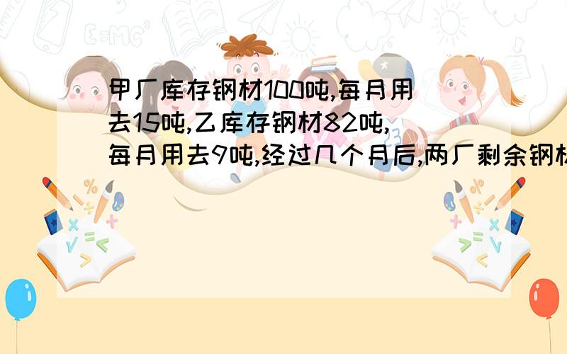 甲厂库存钢材100吨,每月用去15吨,乙库存钢材82吨,每月用去9吨,经过几个月后,两厂剩余钢材相等?求过程.